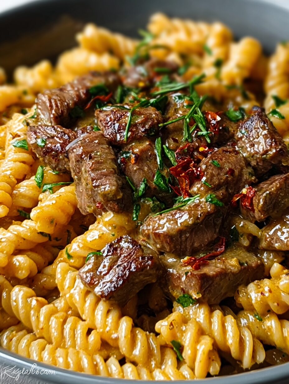 One-Pot Creamy Spicy Garlic Butter Steak & Pasta