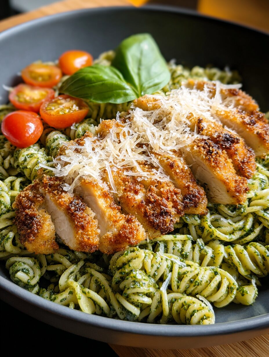 Pesto Pasta with Crispy Parmesan Chicken