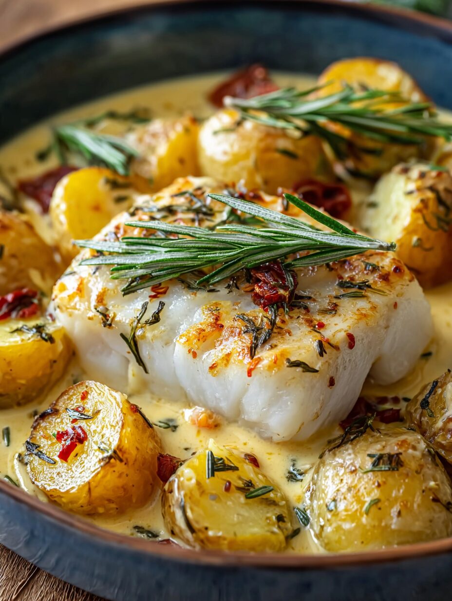 The best Cod & Potatoes in Rosemary Cream Sauce awaits you!
