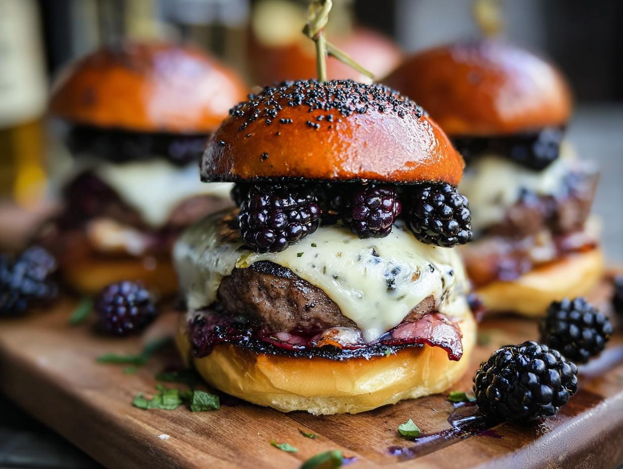 Incredible Blackberry Bacon Venison Burgers - assembled burger with melted brie