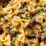 Garlic Butter Bowtie Pasta with Ground Beef Recipe