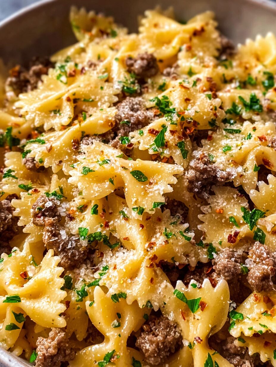 Garlic Butter Bowtie Pasta with Ground Beef Recipe that Delights!