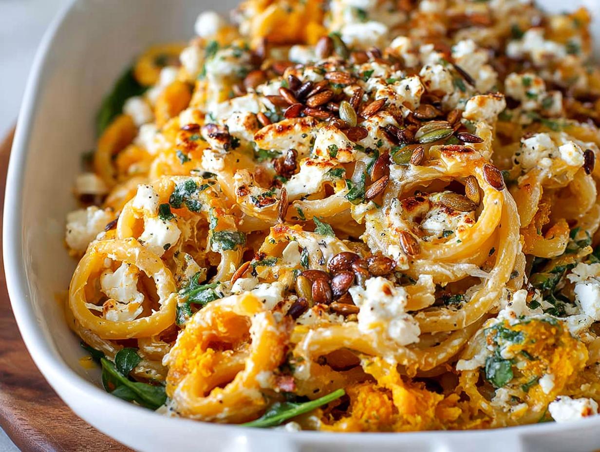 Amazing Pumpkin Feta Pasta Recipe - Garnished pumpkin feta pasta with toasted pumpkin seeds