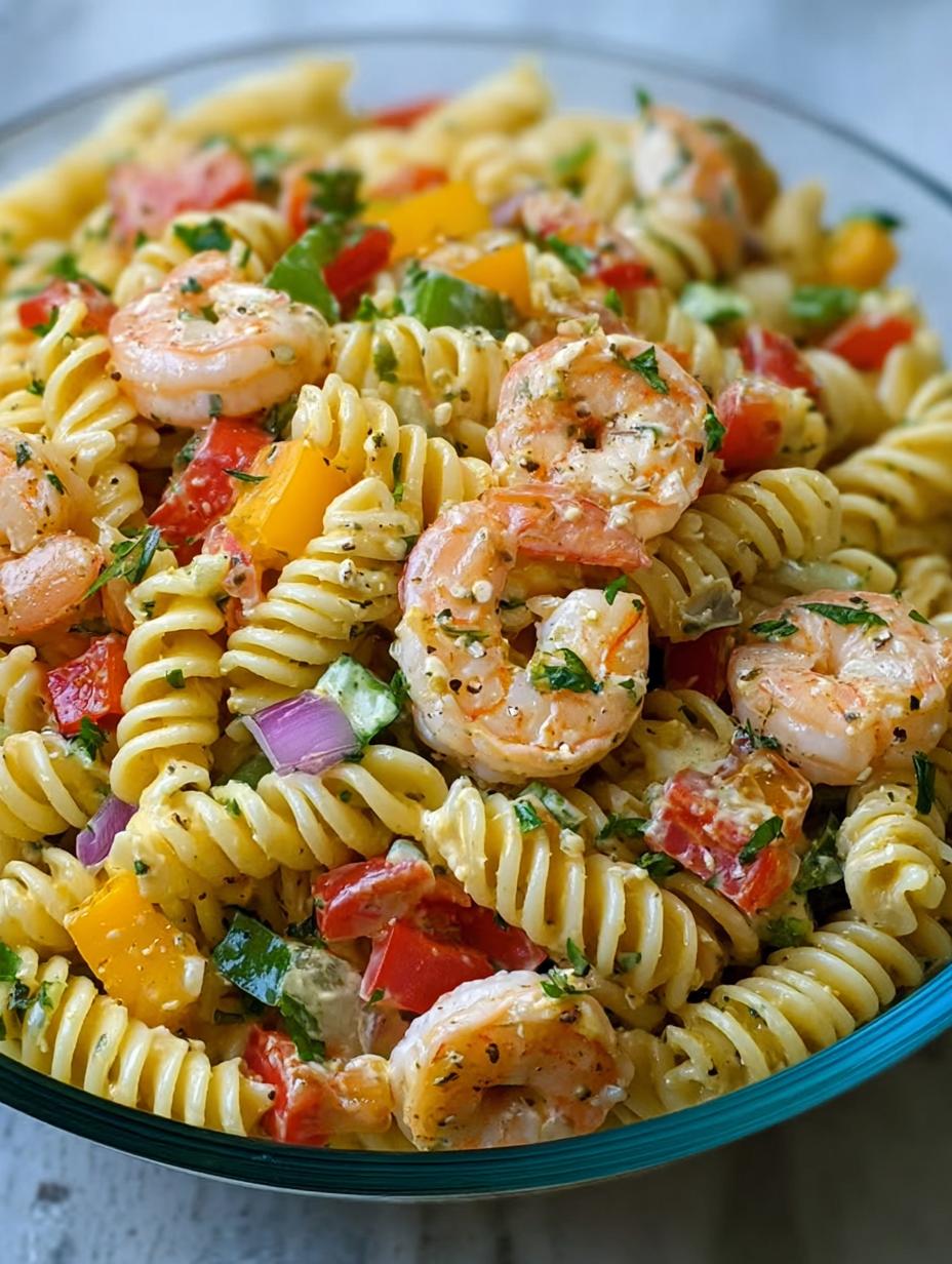 Irresistible Southern Shrimp Pasta with creamy dressing and fresh vegetables