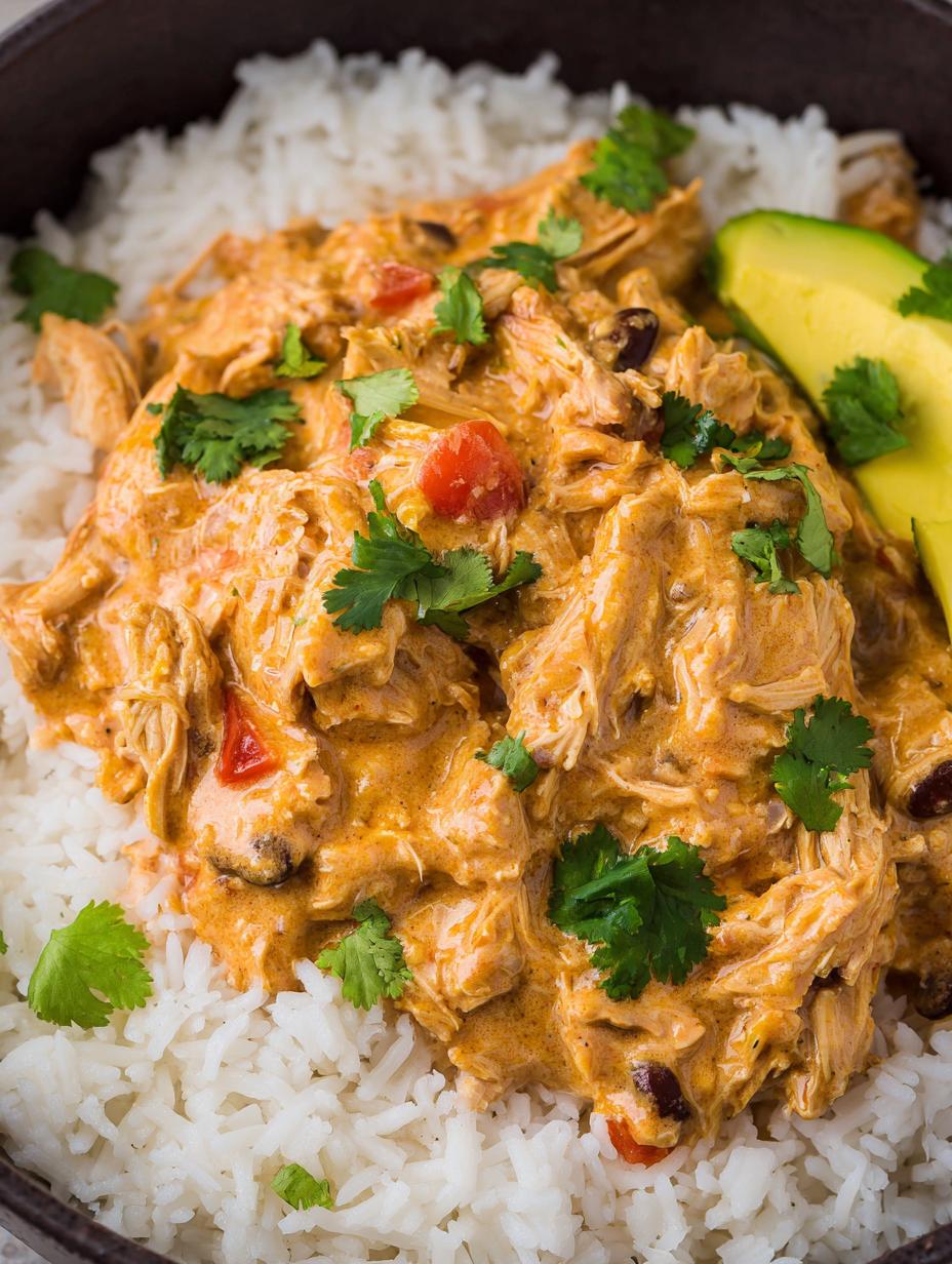 Close-up of creamy fiesta chicken in a slow cooker