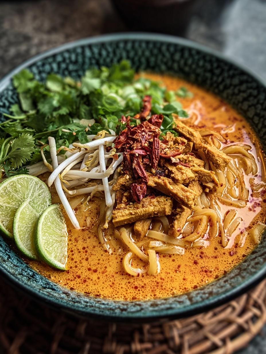 Vegan Khao Soi Thai: A steaming bowl of creamy, spicy noodle soup topped with crispy noodles and tofu