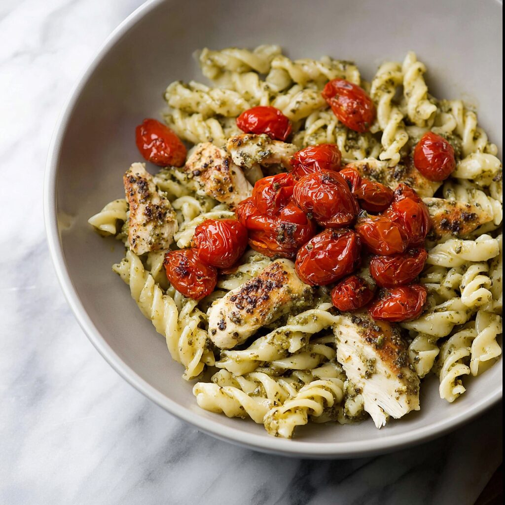 Pesto Chicken Pasta for Two With Oven Roasted Tomatoes