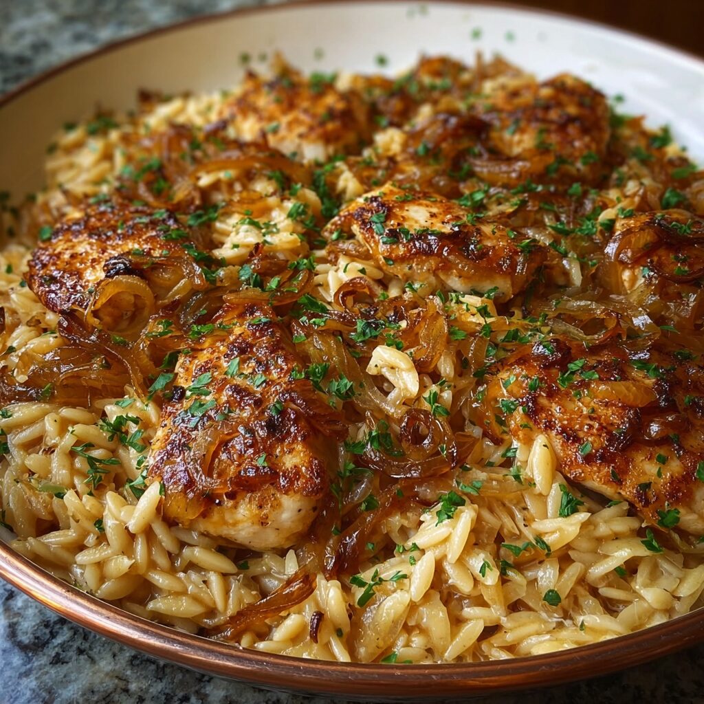 Savory French Onion Chicken Orzo Bake